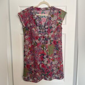 Calypso St. Barth Embellished Pink Floral V-Neck Tunic with Multicolor Print